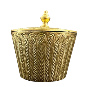 Royal Peacock Feather Embossed Brass Trinket <b>Box</b> Handcrafted Gold Decorative Jar <b>with</b> Ornate Finial <b>Lid</b> Kitchen Home <b>Storage</b> <b>Box</b> - Product Image 1