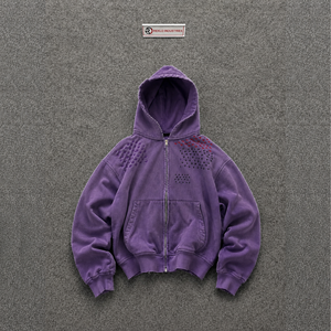 Sudadera con capucha morada extragrande para hombre con cremallera, diseño abstracto de cruz, forro polar lavado, estampado de puntos de algodón, corte regular - Product Image 5