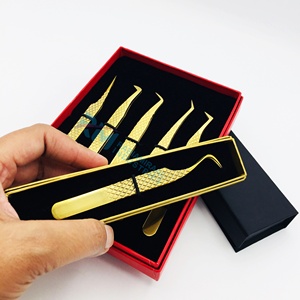 Stainless Steel Precision Eyelash Tweezers Set Gold Plasma Plated Tweezer Diamond Grip And Red/Black Color Card Box Packaging - Product Image 1