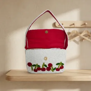 Beaded Shoulder Bag Women Single Strap Crossbody Flap <b>Purse</b> Eco-Friendly Cover Closure White <b>Red</b> Fruit Pattern - Product Image 3