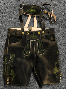 Lederhosen traditionnels allemands pour hommes, taille mi-haute, bretelles brodées, style bavarois, short en laine fait main, uni et respirant - Product Image 2