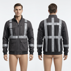 Veste de travail de sécurité en polyester et coton de qualité supérieure 320 GSM, gris et noir avec empiècements contrastants, logo tissé personnalisé - Product Image 4