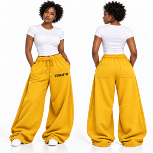 Women's Black Wide Leg Customized Fleece Cargo Pants Mid <b>Waist</b> <b>Elastic</b> Drawstring Regular Fit Full Length Streetwear <b>Trouser</b> - Product Image 2