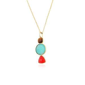 Hot selling natural tiger eye amazonite and red jade bezel set pendant necklace brass 18k gold plated triple gemstone necklace - Product Image 1