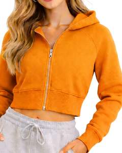 Sudadera con capucha corta con cremallera para mujer, sudadera informal de manga larga, ropa de calle de lana suave, color naranja, moda Otoño Invierno - Product Image 1
