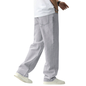 Mens <b>Light</b> Grey Straight Leg Denim Jeans Loose Fit Washed Cotton Casual Fashion <b>Trousers</b> Comfortable Vintage Style Pants - Product Image 5