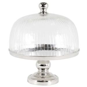 Plateau à gâteau rond en verre avec couvercle, base argentée, design classique, vaisselle et assiettes pour fêtes, plateau à gâteau en verre avec couvercle, base argentée - Product Image 1
