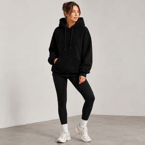 Sweat-shirt à capuche en polaire noir pour femme, couleur unie, manches longues, pull décontracté avec poches, vêtements d'hiver - Product Image 5
