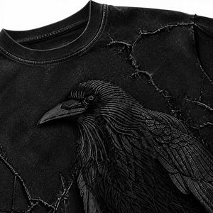 Camiseta Oversize Personalizada para Hombre con Estampado de Cuervo y Lavado Ácido, Estilo Casual de Verano, Hip Hop, Streetwear, Transpirable, 100% Algodón Tejido, Vintage - Product Image 6