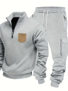 Men's Light Gray Quarter-Zip Sweatshirt Set Solid Color French Terry Cargo Pants Casual Autumn Wear - Product Image 3
