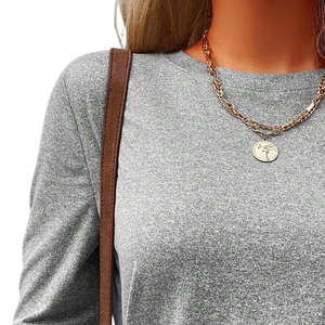 Camiseta Casual de Manga Larga para Mujer, Cuello Redondo, Tela Suave y Elástica, Básica para Uso Diario, Cómoda, Corte Regular, Color Sólido, Verano - Product Image 3