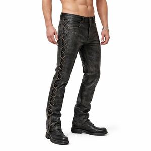 กางเกงขายาวเอวสูงห้ากระเป๋าสไตล์วินเทจพร้อมรอยขาดขอบรุ่ยสำหรับใส่ในฤดูหนาว - Product Image 1