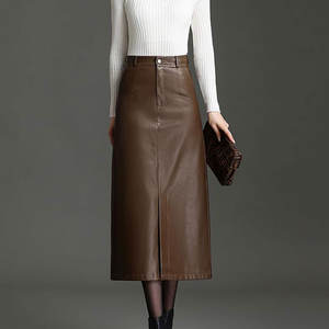 Jupes longues en cuir pour femmes, décontractées, taille haute, moulantes, mi-longues avec fente, collection automne-hiver 2026 - Product Image 6