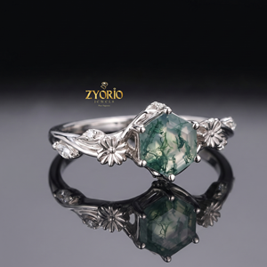 Anillo de Compromiso de Oro de 14K con Ágata Musgosa Hexagonal, Anillo Nupcial con Diseño Floral de Margarita - Product Image 3