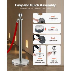 4 barriere per il controllo della folla, pali in acciaio inossidabile con 2 corde in velluto rosso, attrezzature per servizi di ristorazione e alberghieri - Product Image 4