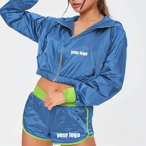 Conjunto Deportivo Azul para Mujer, Top Corto con Capucha y Manga Larga con Pantalones Cortos con Cordón, Ligero y de Secado Rápido para Verano - Product Image 4