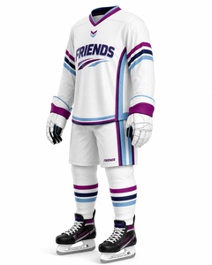 Ensemble d'uniformes de hockey sur glace sublimés personnalisés, rayures blanches, violettes et bleues, polyester respirant, vêtements de sport pour hommes adultes - Product Image 3
