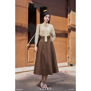 Camisa de Manga Larga a Rayas con Corbata Desmontable para Mujer, de Poliéster/Algodón, Color Violeta, Estilo Casual Vietnamita, Cuello Clásico, Teñido con Hilo - Product Image 1