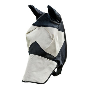Masque anti-mouches pour chevaux, doux et extensible, avec oreilles, maille respirante, protection UV, couvre-yeux, noir et beige - Product Image 1