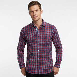 <b>Men's</b> Red Blue Plaid Full Sleeve Casual <b>Shirt</b> Turn-down Collar 100% Cotton Poplin Anti-Wrinkle Single Breasted Yarn Dyed Autumn - Product Image 6