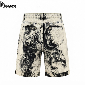 Grunge Black and <b>White</b> Marble Acid Wash Denim Jorts, Swirl Print Cuffed Skate <b>Shorts</b> with Vintage Heavy Bleach Wash - Product Image 2