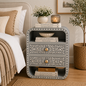 Luxe Handcrafted Resin Bone Inlay Nightstand With Drawers & <b>Shelf</b> Cabinet <b>Bedside</b> End Table For Bedroom Hotel Premium Home Decor - Product Image 5