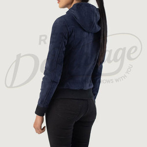 Women Navy Blue Genuine Suede <b>Leather</b> Hooded Bomber <b>Jacket</b> Slim Fit Premium Goat Suede Casual Winter Outerwear Fashion Coat - Product Image 2