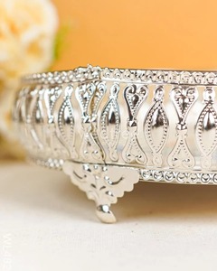 Luxury Round Peacock Print Metal Decorative Serving Tray Handmade <b>Silver</b> Iron Vanity Tray <b>Coffee</b> <b>Table</b> Centerpiece Display Plate - Product Image 6