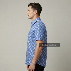 เสื้อเชิ้ตผู้ชายแฟชั่นลำลองฤดูร้อน แขนสั้น ผ้าฝ้าย 100% ปิดกระดุม ลายดอกพิมพ์ลายบล็อกด้วยมือ ปักลายด้านหลัง ขายส่ง Pinksa - Product Image 4