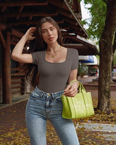 Body de Punto de Manga Corta con Cuello Cuadrado y Cintura Alta para Mujer, Color Sólido, Transpirable, de Spandex y Algodón, para Primavera/Verano - Product Image 3