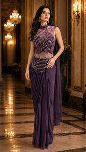 Elegant Magenta <b>Saree</b> With Beaded Blouse For Wedding Women India Pakistan Style Floor Length Polyester Sari - Product Image 2