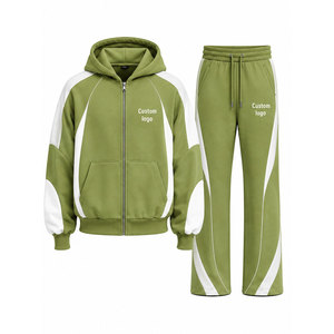 Custom Logo Pea White Color Blocking Tracksuit 100% Set Full <b>Zip</b> <b>Hooded</b> 450 Gsm Sweatshirt Pants - Product Image 1