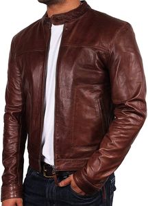 Blouson moto homme en cuir PU marron, col montant, fermeture éclair, coupe ajustée, manches classiques, couleur unie, pour l'automne - Product Image 4
