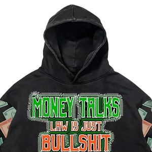 Sweat à capuche imprimé « Money Talks Law Is Just Bullshit » pour homme, streetwear, coupe oversize, longueur standard, en polyester tricoté, noir - Product Image 4