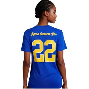 Camiseta Azul de Cuello Redondo para Mujer, Manga Corta, Estampado Gráfico con Letras Griegas, Informal, Ajustada, para Uso Diario, Prenda Básica de Moda - Product Image 5