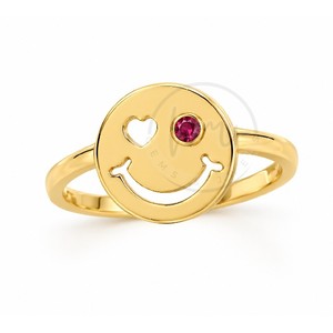 Bague en laiton plaqué or avec visage souriant et cœur en zircon rubis, bijoux fantaisie mignons, vente en gros, bague personnalisée - Product Image 1
