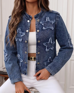 Hardihood International Veste en jean pour femme, imprimé floral, appliqués, délavage vieilli, style formel, respirante, coupe classique, automne - Product Image 5