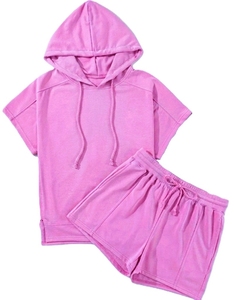 Conjunto de Sudadera con Capucha de Manga Corta y Pantalones Cortos de Punto de Algodón para Mujer, Tallas Grandes, Ropa Casual Transpirable de Alta Calidad, Logotipo Personalizado - Product Image 4