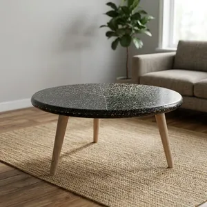 Mesa de Centro Moderna Redonda con Tapa de Mármol Negro y Patas de Madera Natural para Sala de Estar - Product Image 1