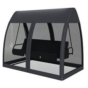 Fauteuil balançoire d'extérieur moderne 3 places convertible en lit de jour avec support en acier, auvent de véranda et moustiquaire pour jardin et terrasse - Gris - Product Image 1