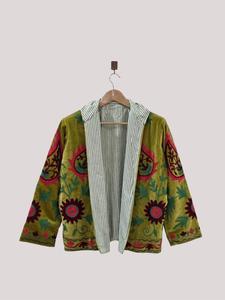 Hand Embroidered Green <b>Velvet</b> Suzani <b>Jacket</b> With Floral Pattern Threadwork Full Sleeve Stand Collar Bohemian <b>Women's</b> Autumn Coat - Product Image 2