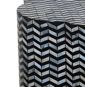 <b>High</b> Quality Black & Silver Mother of Pearl Side <b>Table</b> Handcrafted Chevron Shell Inlay Accent <b>Stool</b> with Geometric Design - Product Image 2