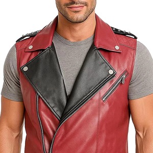 <b>Men's</b> <b>Red</b> Leather Look Moto <b>Vest</b> With Zipper Closure Turn-down Collar Casual Outerwear Solid Color Biker Style Windproof - Product Image 2