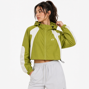 Women’s Olive Cropped Hooded Nylon Windbreaker <b>Jacket</b> Wholesale <b>Lightweight</b> Activewear Running Outerwear OEM Men's <b>Jackets</b> USA - Product Image 1