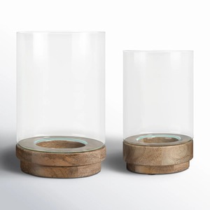 Ensemble de bougeoirs cylindriques en verre sur base en bois, style moderne minimaliste, rustique et contemporain, en bois de manguier et verre pour table. - Product Image 1