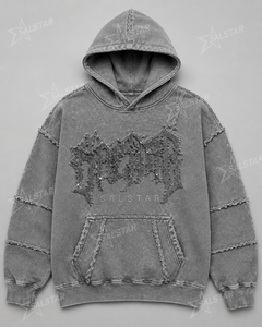 เสื้อฮู้ดดี้โอเวอร์ไซส์สีเทาวินเทจสำหรับผู้ชาย ลายกราฟิก ผ้าฝ้าย สไตล์สตรีทแวร์ ปักลายด้วยคริสตัล แต่งดีเทลขาดๆ - Product Image 3