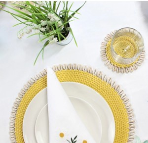 Coastal Style Woven Rattan <b>Placemat</b> <b>Round</b> Tablemat Non Slip Straw Coaster Heat Insulation Hot Pad Yellow Shell Home Dining Deco - Product Image 4