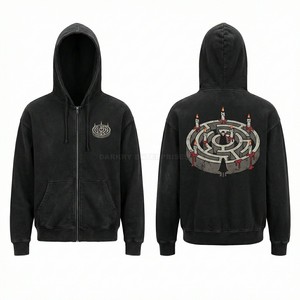 Custom Black Vintage Zip Up Hoodie Acid Wash Labyrinth Graphic Print Hoody Heavyweight Distressed Streetwear Full Zip Sweatshirt - Product Image 1