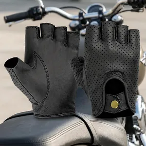 Gants unisexes en cuir marron sans doigts, respirants, perforés, avec sangle de poignet réglable, pour une utilisation tout au long de l'année en vélo - Product Image 5