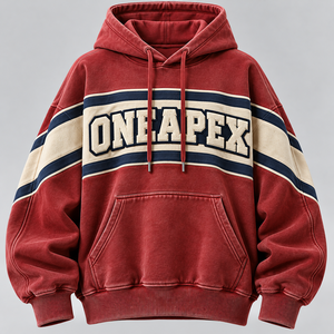 Custom Vintage Red <b>Hoodie</b> Cream <b>Navy</b> Striped Chest Panel ONEAPEX Embroidered Logo Oversized Unisex Streetwear Washed Fleece Pull - Product Image 6